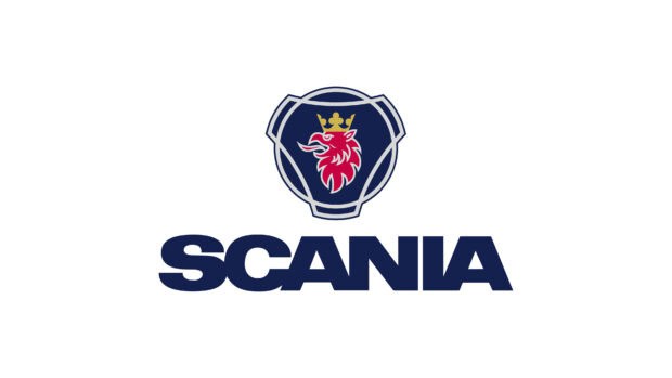 The Scania logo features a red griffin head with a crown above blue shield shapes, 4K Desktop Wallpaper