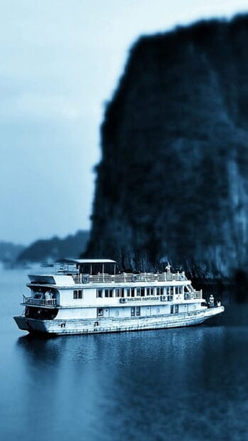 A white cruise ship named Halong Fantasea sails near a rocky island in Vietnam, HD Phone Wallpaper
