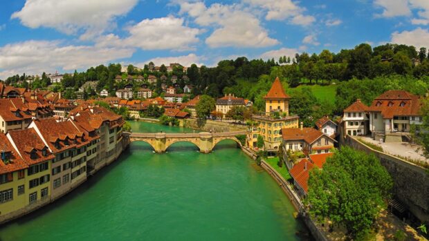 The photo shows the scenic River Aare Switzerland flowing through the historic town, HD Desktop Wallpaper