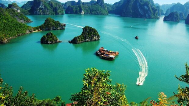 A scenic view of green islands and boats on emerald water in Vietnam Wallpapers, HD Desktop Wallpaper