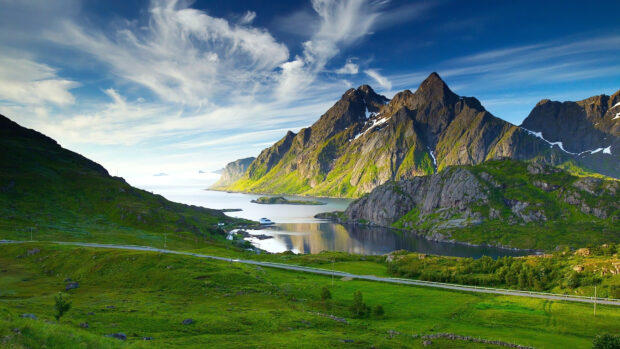 A scenic mountain landscape in Norway with green hills and a calm fjord reflecting the sky, 4K Desktop Wallpaper