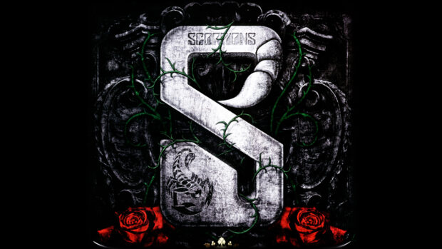 The scorpion emblem entwined in green vines with red roses is a symbol of hard rock culture, 2K Desktop Wallpaper