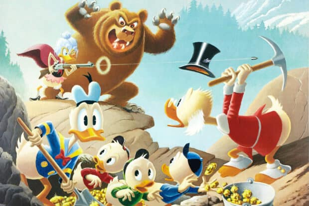 Scrooge Mcduck and his nephews face a bear while mining for gold, 2K Desktop Wallpaper
