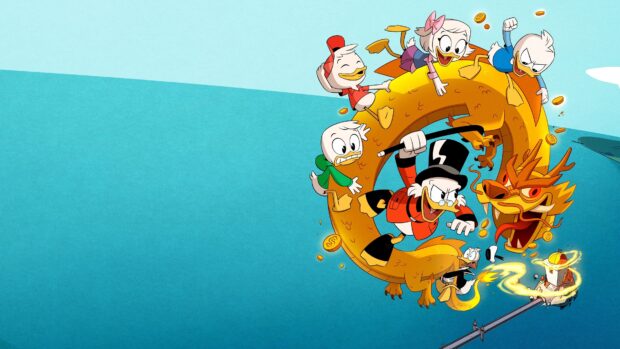 Scrooge Mcduck and his family ride a golden dragon over the ocean, 4K Desktop Wallpaper