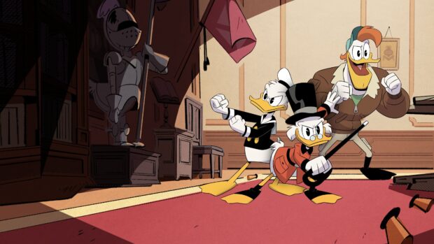 Scrooge Mcduck and his companions stand ready in a room filled with antique furniture, 4K Desktop Wallpaper