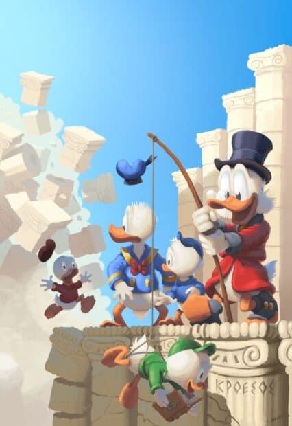 Scrooge Mcduck and his nephews explore ancient ruins with Greek columns, HD Mobile Wallpaper