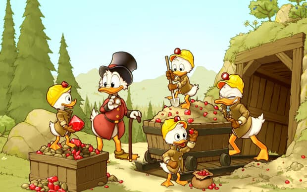 Scrooge Mcduck and his nephews are mining red gems near a forest and wooden mine entrance, 2K Desktop Wallpaper