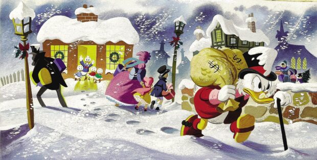 Scrooge Mcduck is carrying two bags of money while walking on a snowy path in the village, HD Desktop Wallpaper