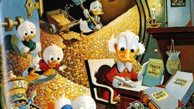 Scrooge Mcduck counting coins in his vault filled with gold coins, HD Desktop Wallpaper