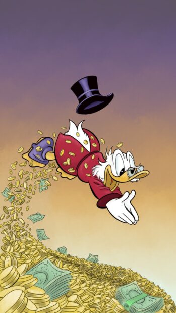 Scrooge Mcduck is happily diving into a pile of gold coins and dollar bills, HD Mobile Wallpaper