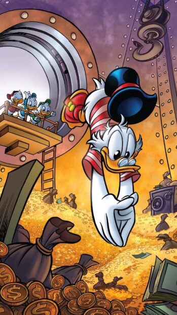 Scrooge Mcduck is diving into a large pile of gold coins with his nephews watching, HD Phone Wallpaper