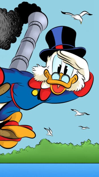 Scrooge Mcduck is flying happily with seagulls and a smokestack in the background, HD Phone Wallpaper