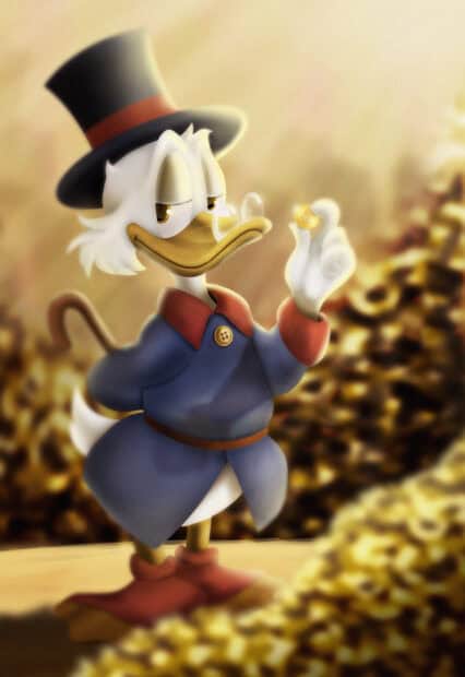 Scrooge Mcduck holding a single gold coin with a pile of coins behind him, 2K Mobile Wallpaper