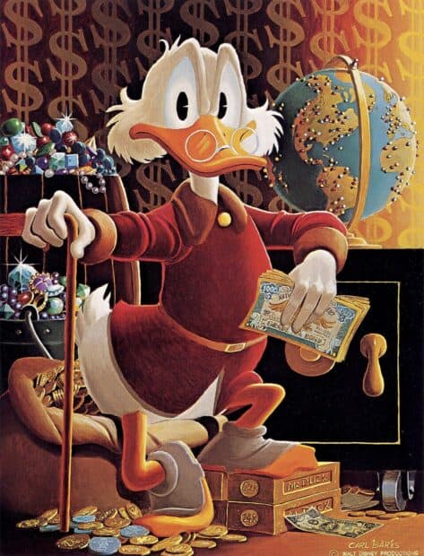 Scrooge Mcduck holds cash surrounded by treasures and coins, HD Mobile Wallpaper