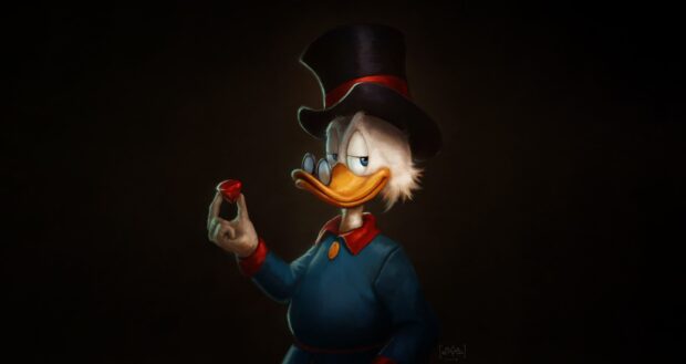 Scrooge Mcduck holding a shiny red gem with a confident smile, 2K Desktop Wallpaper
