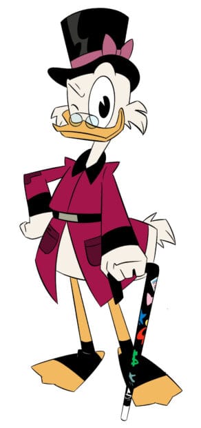 Scrooge Mcduck is standing with a cane and wearing a red coat and top hat, HD Mobile Wallpaper