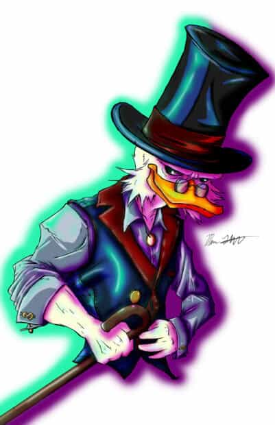 A digital drawing of Scrooge Mcduck wearing a top hat and holding a cane, 2K Mobile Wallpaper