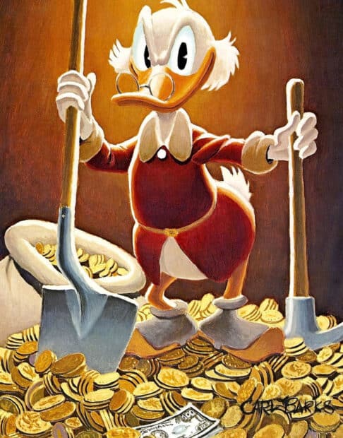 Scrooge Mcduck stands on a pile of gold coins holding two tools, HD Mobile Wallpaper