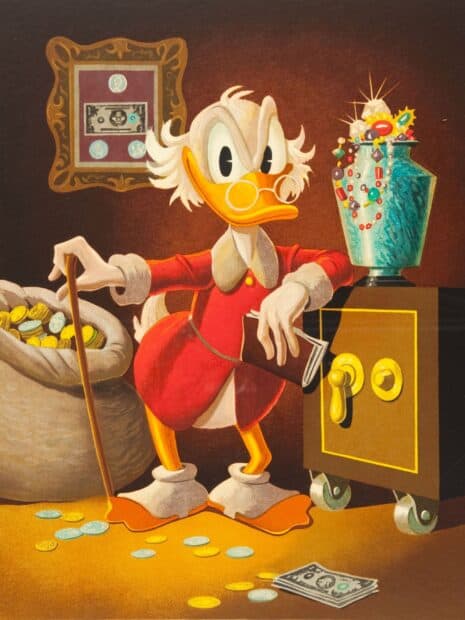 Scrooge Mcduck is standing with a cane and money bag full of coins and gems, 2K Desktop Wallpaper