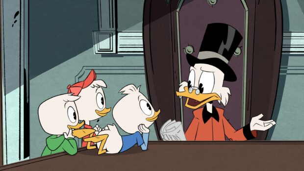 Scrooge Mcduck talks with his nephews in a room while holding a newspaper, 2K Desktop Wallpaper