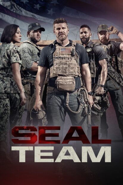 The Seal Team TV series military crew stands united in front of the American flag, 2K Phone Wallpaper