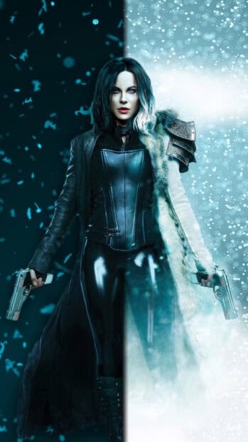 Selene stands with dual guns in contrasting dark and light background in Selene Underworld, HD Phone Wallpaper