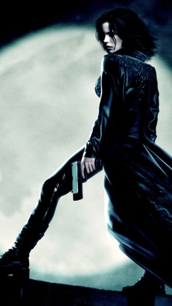 Selene stands ready for battle with a gun against the full moon, HD Phone Wallpaper