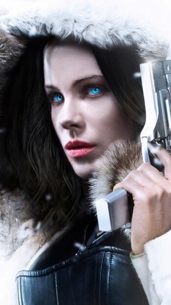 A close up of Selene from Underworld holding a gun with bright blue eyes, 2K Mobile Wallpaper
