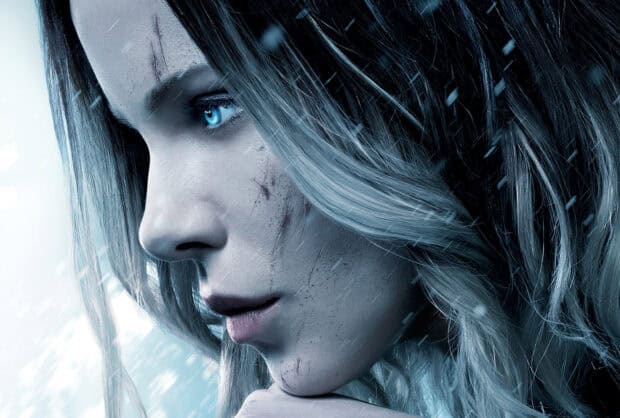 Selene from Underworld with piercing blue eyes and battle scars, HD Desktop Wallpaper