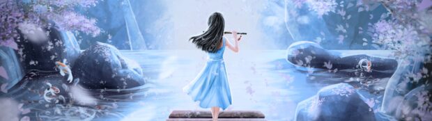 A girl in a blue dress is playing a flute near a calm river surrounded by rocks and flowers with cool girly wallpapers, 4K Desktop Wallpaper