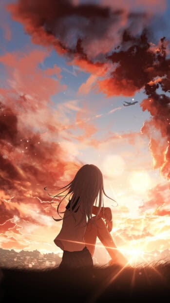 A thoughtful girl watches the sunset under a colorful sky filled with clouds and an airplane, 4K Phone Wallpaper