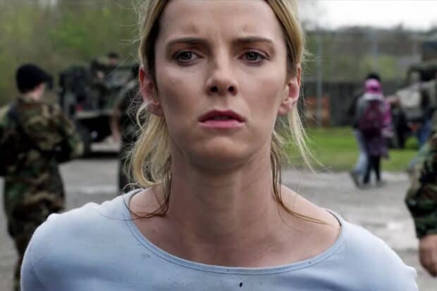 Betty Gilpin appears focused in an outdoor military setting, HD Desktop Wallpaper