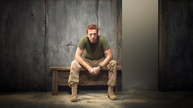 A man dressed in military uniform sits on a wooden bench in a dim room representing homeland wallpapers, HD Desktop Wallpaper