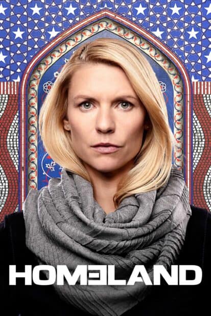 A serious woman stands in front of a decorative blue and red mosaic arch representing Homeland Wallpapers, 2K Mobile Wallpaper