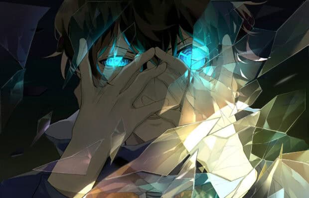 A character peeks through broken glass with glowing eyes in Kekkai Sensen, HD Desktop Wallpaper