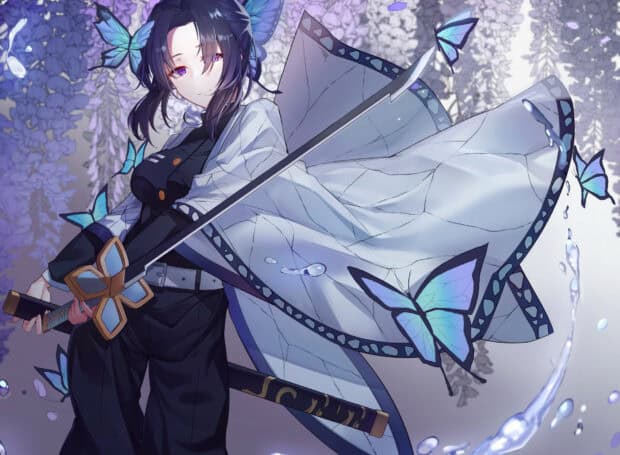 Shinobu Kocho stands gracefully holding her butterfly themed sword surrounded by glowing butterflies, HD Desktop Wallpaper