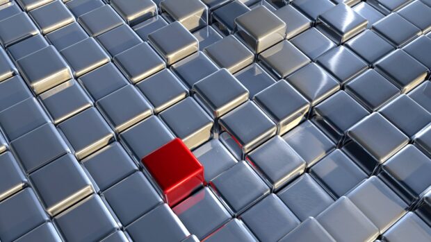 A red cube stands out among shiny metallic cubes in an abstract arrangement, 4K Desktop Wallpaper