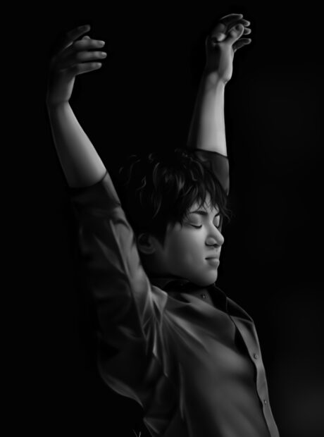 Shoma Uno is seen stretching with closed eyes in this artistic black and white portrait, 2K Mobile Wallpaper