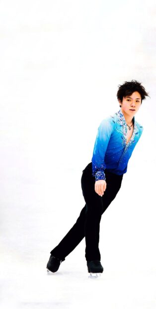 Shoma Uno wallpapers shows a male figure skater in a blue costume mid performance, HD Mobile Wallpaper