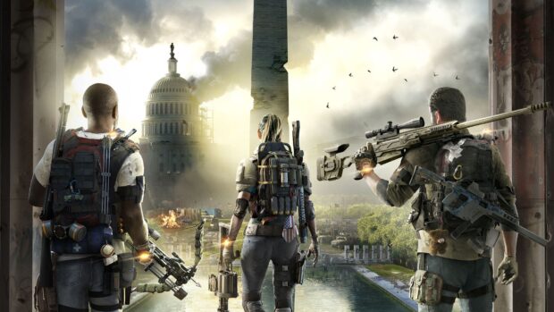 Three shooter game characters armed and facing a war torn cityscape, HD Desktop Wallpaper