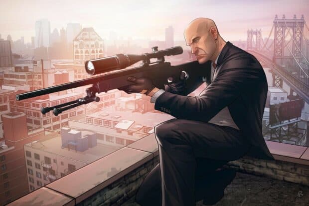 A serious hitman is aiming a sniper rifle from a rooftop in the city, 2K Desktop Wallpaper