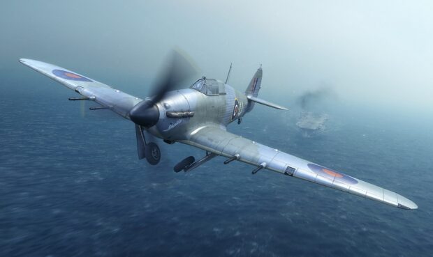 The Hawker Hurricane aircraft is flying above rough seas near a naval ship in a foggy sky, HD Desktop Wallpaper