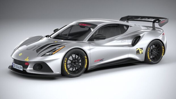A silver Lotus Emira GT4 with racing decals and black wheels on a gray background, HD Desktop Wallpaper
