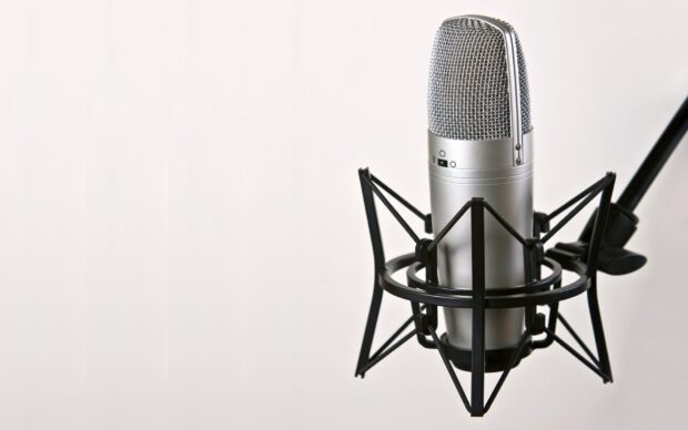 A silver studio microphone is positioned with a black shock mount on a white background, HD Desktop Wallpaper