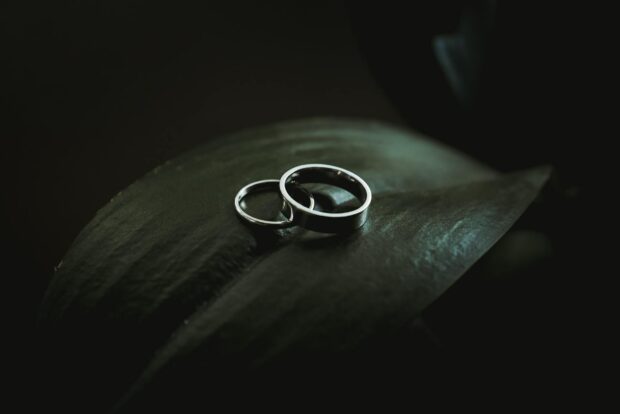 A close up of wedding ring wallpapers placed on a dark green leaf, HD Desktop Wallpaper