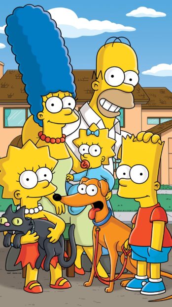 The Simpsons family including Homer Simpson stands together outside their house with pets, 2K Mobile Wallpaper