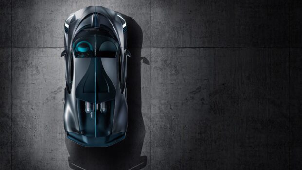 A sleek Bugatti Divo is shown from above on a concrete surface, 2K Desktop Wallpaper