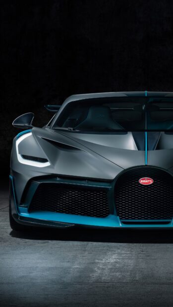 The Bugatti Divo showcases its aggressive front design with blue accents and sharp LED headlights, 4K Phone Wallpaper