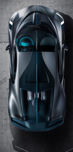 A sleek Bugatti Divo is shown from above with a matte black finish and blue accents, HD Phone Wallpaper