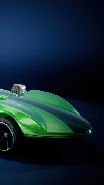 A close up of a sleek green Hot Wheels car on a dark blue background, 4K Phone Wallpaper
